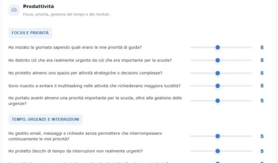 Il check-in giornaliero: domande per pilastro con cursore da 1 a 10