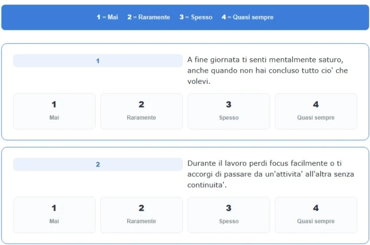 Le prime domande del test di sovraccarico, con la scala da 1 a 4